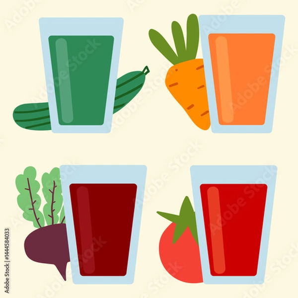 Fototapeta Set of organic healthy juices in glass cups. Cucumber, carrot, beet, tomato. Hand drawn vector design. Illustration on white background.