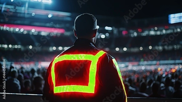 Fototapeta Worker observes event from stadium perspective.