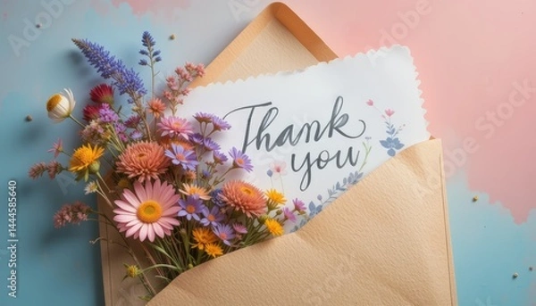 Fototapeta Bright bouquet of diverse flowers in a pink envelope with a Thank You note, symbolizing appreciation, beauty, and gratitude.