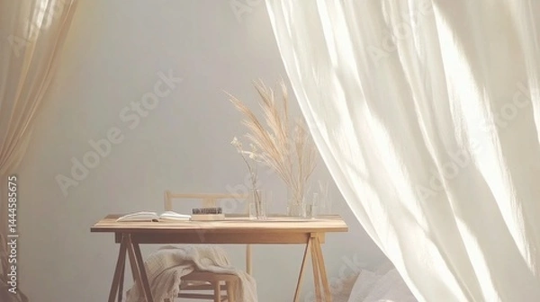 Obraz A serene, minimalist workspace bathed in natural sunlight.