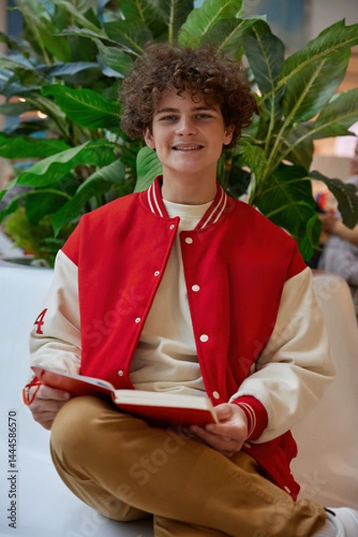 Obraz Handsome teenage boy reading book while rest in shopping mall