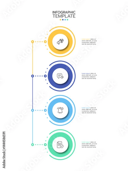 Obraz Infographic template with four horizontal circular elements, each featuring an icon and text area. The circles are connected by a dotted line. Vector illustration.