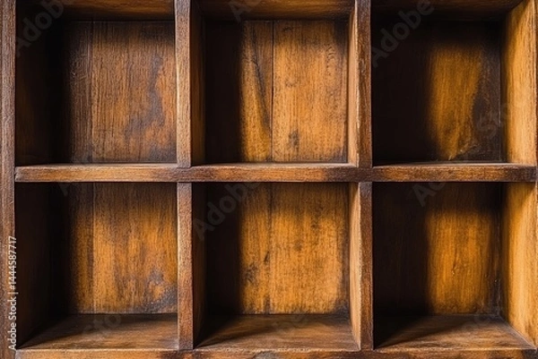 Obraz Wooden box with nine square compartments, showing the light-brown wood grain and empty shelves