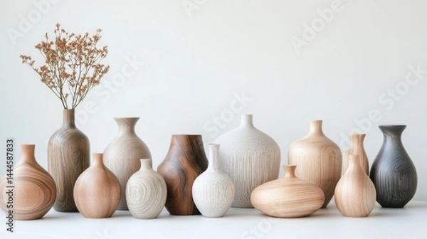 Obraz Elegant Wooden Vases on Simple White Background