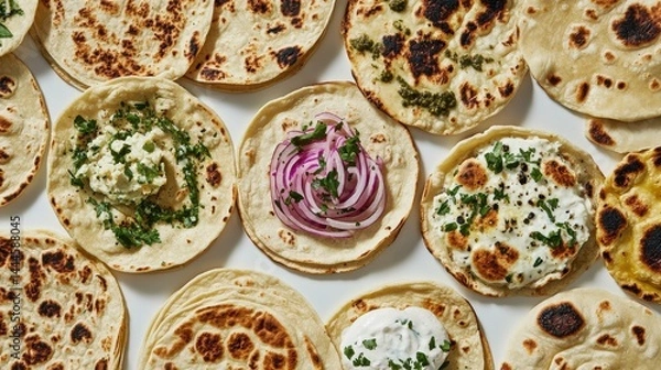 Obraz Varied Tortillas with Diverse Toppings on White Background