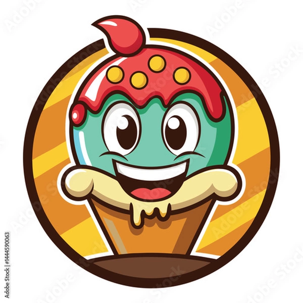 Fototapeta Animated Cupcake Character with Red Topping, Yellow Sprinkles, and Round Icon