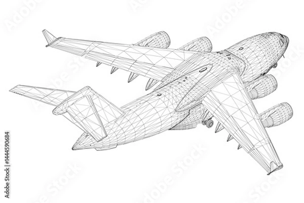 Obraz A black and white drawing of an airplane with a white outline. The airplane is flying in the sky and has a large wing. Isometric view. 3D