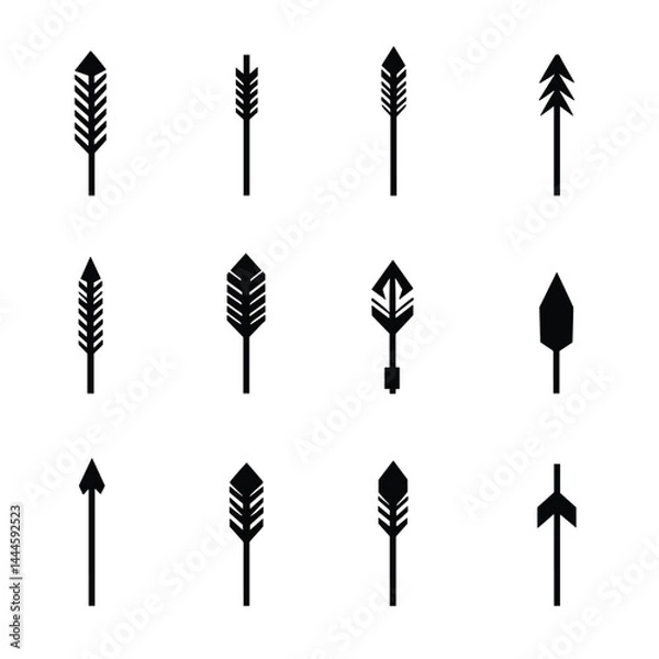 Fototapeta Black Arrow Icons Set with Diverse Fletching and Arrowhead Designs