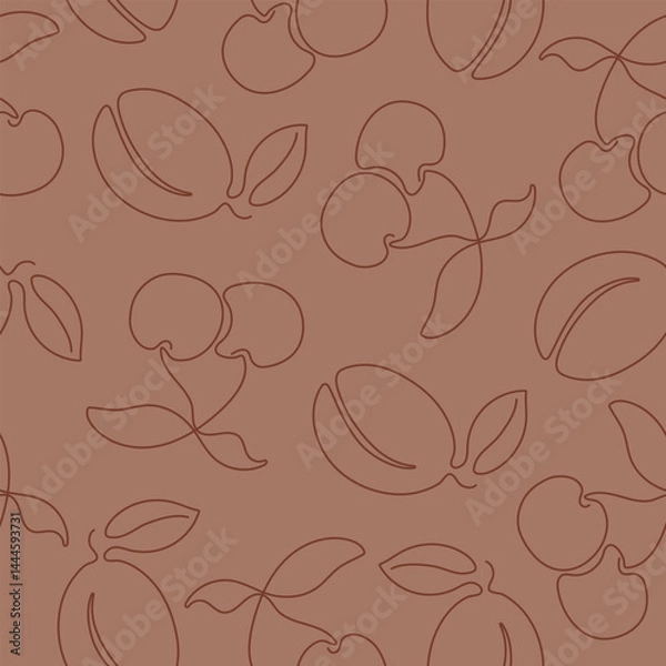 Fototapeta Seamless pattern with continuous one line drawing cherry and plum. Hand drawn berries for fabric,  packaging paper and more.