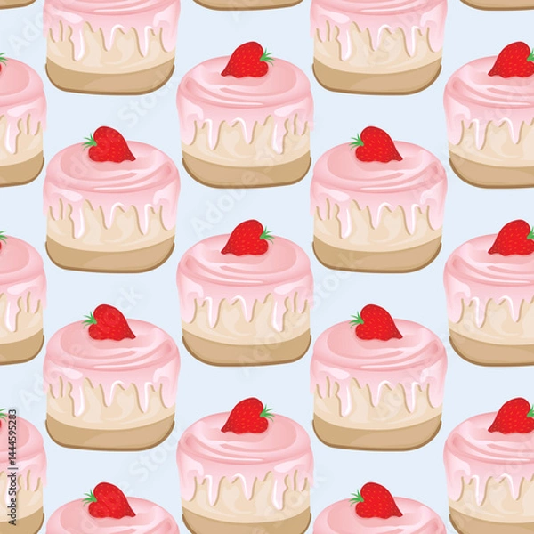 Obraz Seamless pattern for kitchen decor and more. Delicious cupcake with whipped cream and strawberry. Vector cartoon illustration of sweet food.