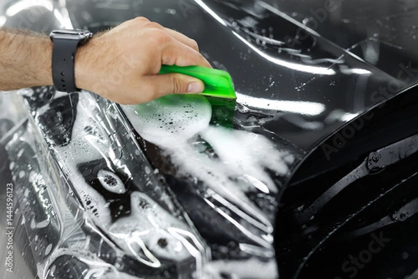 Fototapeta A specialist applies vinyl film on a car during a wrapping process, shown in close-up.