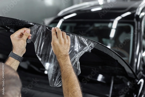 Fototapeta Detailer worker cuts with knife wrapped and installed PPF for car protection film on vehicle.