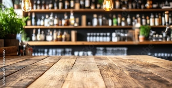 Obraz Rustic wooden bar top with blurred background of drinks and bottles
