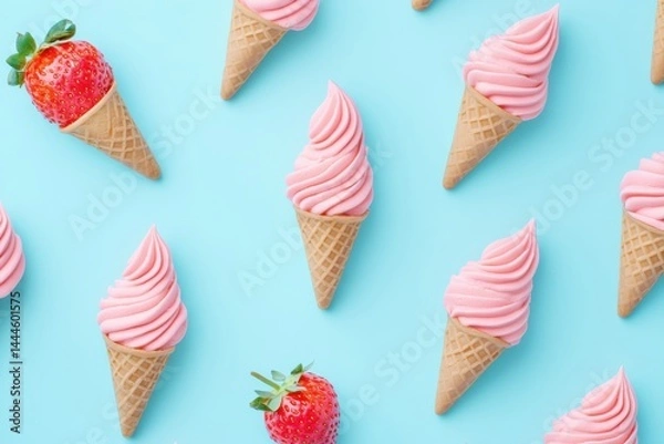 Fototapeta Delightful pattern of pink ice cream cones and fresh strawberries on a pastel blue background, perfect for summer treats and refreshing sweets.
