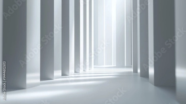Obraz A modern corridor with tall white columns and bright light creating a serene atmosphere.