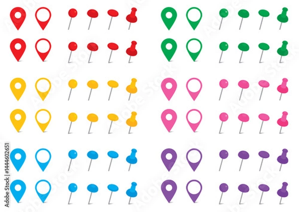 Fototapeta シンプルなピンのイラストセット　カラー　地図　マップ　画鋲　アイコン