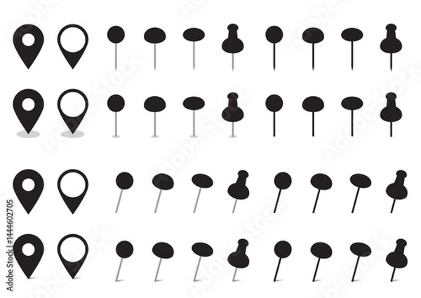 Fototapeta シンプルなピンのイラストセット　黒　地図　マップ　画鋲　アイコン