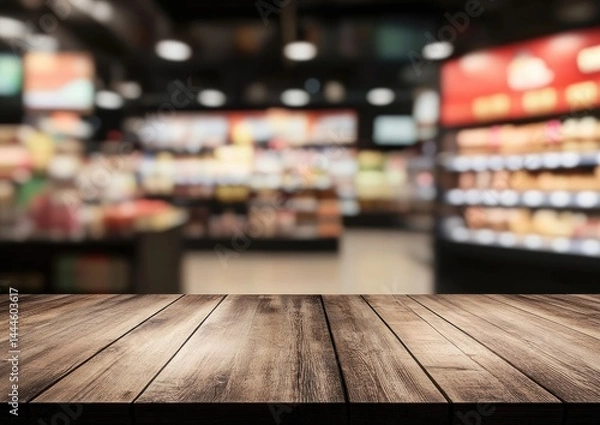 Obraz Wooden table top in front of a blurred supermarket interior  Display shelves filled with various products, lights, and general store ambiance are visible in the background