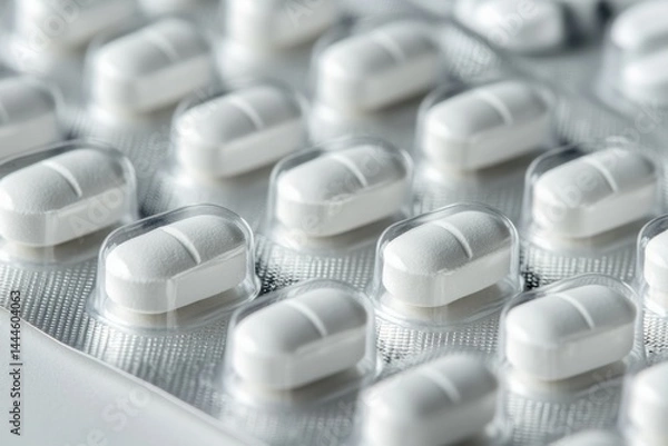 Obraz Blister pack full of white tablets for medical use. A close-up shot shows multiple doses ready for consumption.