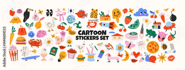 Fototapeta  Retro hippie stickers 90s. Cartoon bright psychedelic elements, funky shapes, animals,fruits, vintage. Trendy doodle labels, patches, stamps
