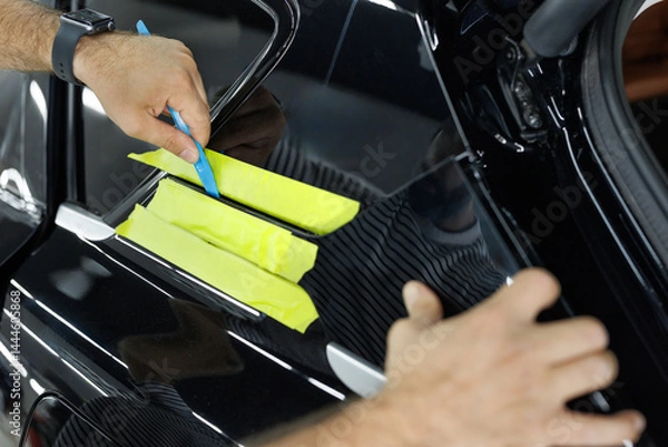 Fototapeta In the car repair shop, the master prepares the car for applying a transparent protective film.