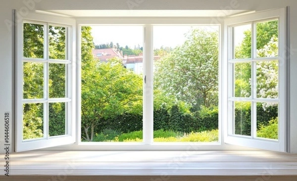 Obraz Wide, white, windowed view of a sunny garden  A light wooden sill frames the view, showcasing lush greenery and buildings beyond