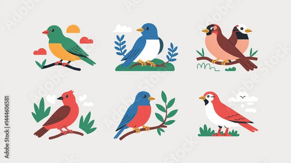 Fototapeta A Vector Illustration of a pairs birds. Featuring Five Parallel Architectural Panels with Dynamic Urban Elements