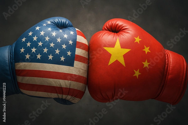 Fototapeta USA and China boxing gloves colliding with them flags, symbolizing international conflict