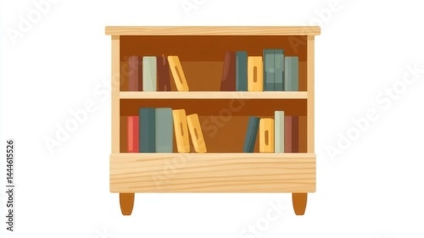 Fototapeta A wooden bookshelf filled with colorful books on two shelves, set against a white background.