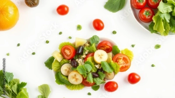 Fototapeta A vibrant healthy salad featu fresh tomatoes, bananas, olives, and lettuce on a white background is perfect for healthy eating.