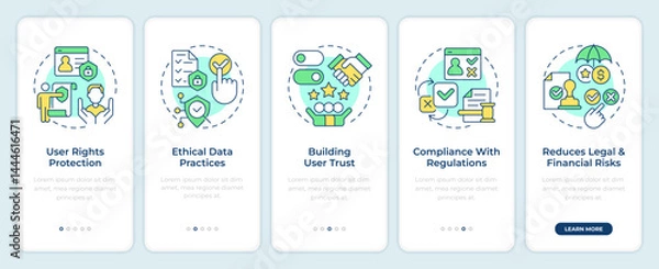 Obraz Benefits of consent management onboarding mobile app screen. Walkthrough 5 steps editable graphic instructions with linear concepts. UI, UX, GUI. Montserrat SemiBold, Regular fonts used