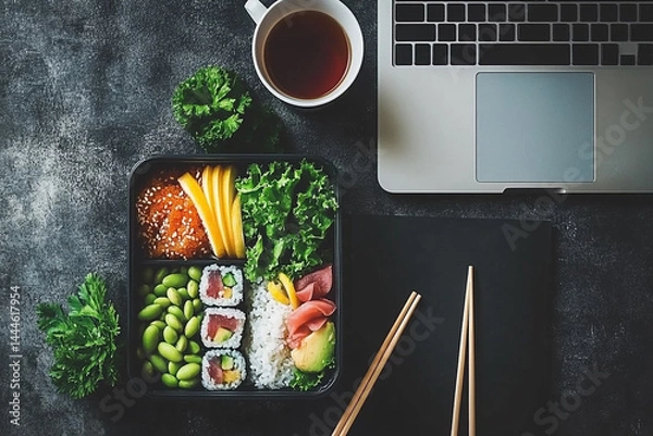 Fototapeta Office Desk with Fresh Homemade Lunch Box. Lunchbox with healthy meal top view
