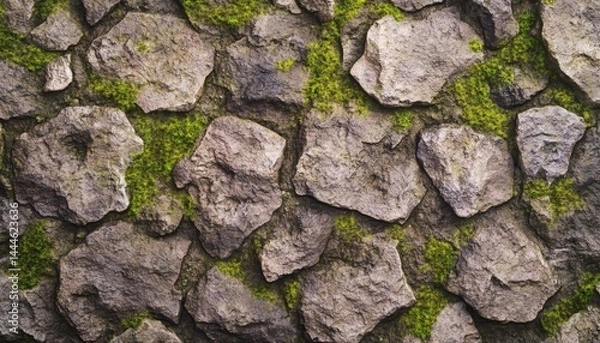Fototapeta Close-up view of a textured stone wall with patches of moss.