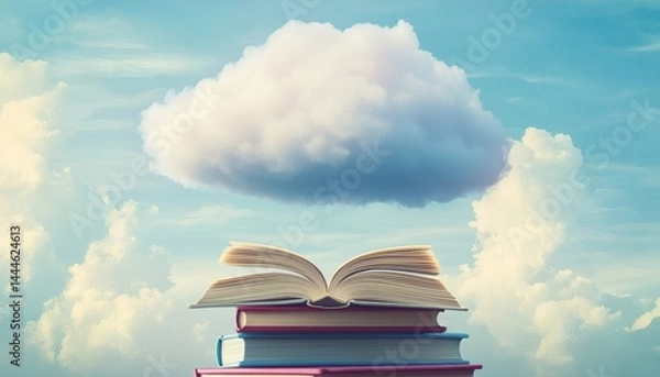Obraz Open book under a fluffy cloud, sky background.