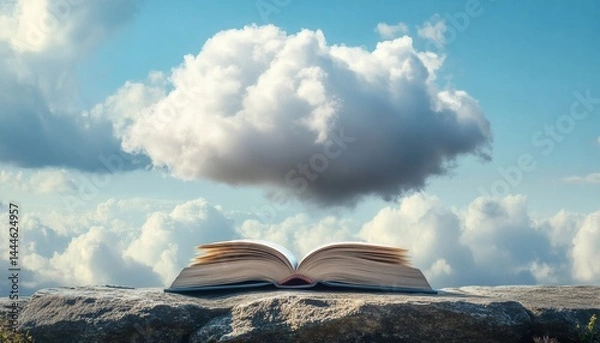 Fototapeta Open book resting on a rock, beneath a fluffy cloud.