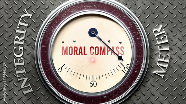 Fototapeta Moral Compass and Integrity that is hitting a full scale, showing a very high level of moral compass, overload of it, too much of it. Maximum value, off the charts.  ,3d illustration