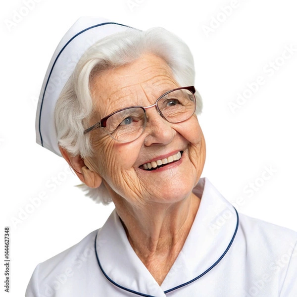 Obraz An elderly nurse with glasses and white hair smiling kindly, holding a clipboard in a sunlit ward