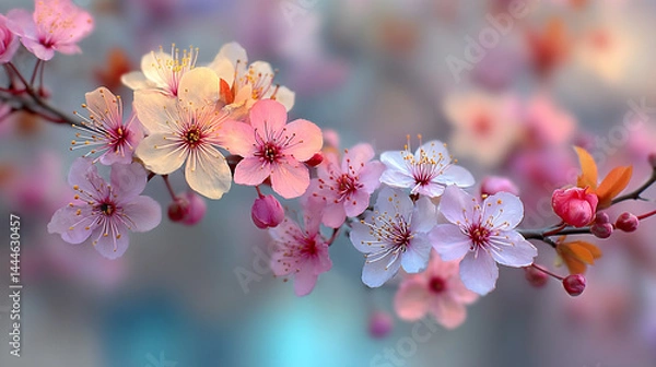 Fototapeta Delicate pink petals and floral buds on a Pink cherry blossoms on a branch with a soft blue background. 