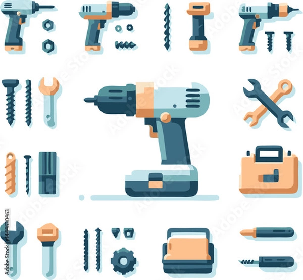 Obraz Cordless Drill and Hand Tools Icon Set: Flat Design