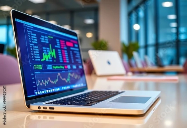 Fototapeta Laptop, smartphone, bright office, financial data on screen, career, report