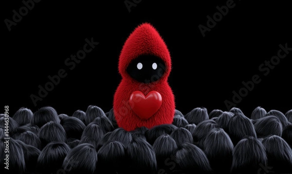 Fototapeta Furry red creature holding heart in a sea of dark figures, symbolizing love, individuality, and emotional connection in a whimsical world of shadows