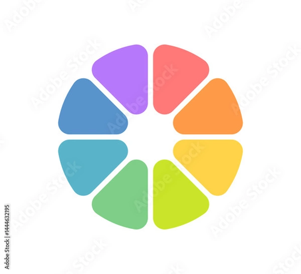 Fototapeta Circle division infographic icon. Pie chart divided eight equal parts. 8 sectors with rounded corners icon. Color infographic flower round diagram. Vector illustration isolated on white background.