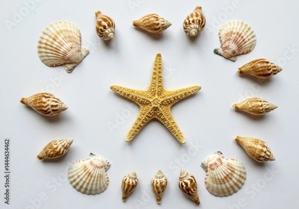 Fototapeta Starfish centered with assorted seashells arranged in a circle on a white surface top down view