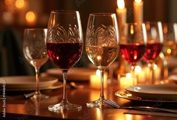 Obraz elegant wine glasses displaying rich varietals exquisite transparency glimmering reflection luxury dining experience, stemware, crystal, liquid, color
