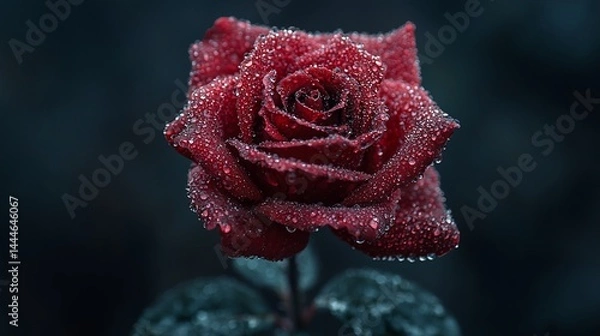Fototapeta Close-up of a crimson rose, glistening with dew drops