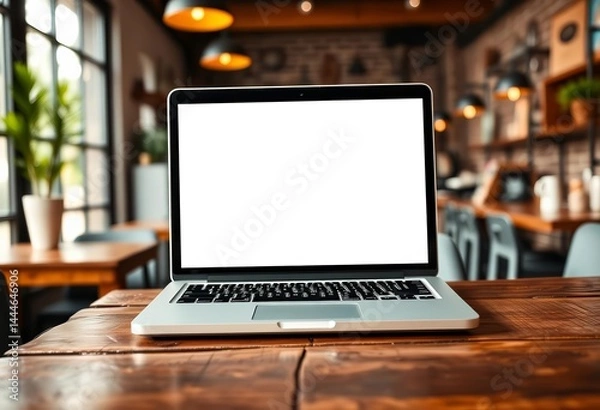 Fototapeta Mockup of blank laptop screen on rustic wooden table, blurred coffee shop background, cafe, vintage