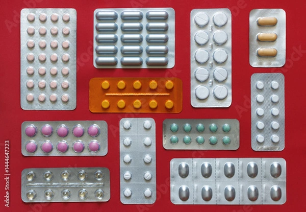 Fototapeta The different medical pills flat layout composition