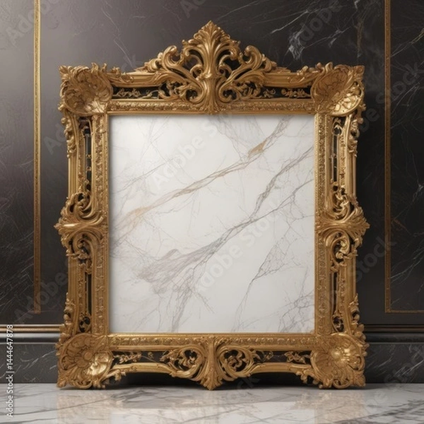 Fototapeta Intricate gold frame on marble  Opulent, ornate design ,  border,  texture background