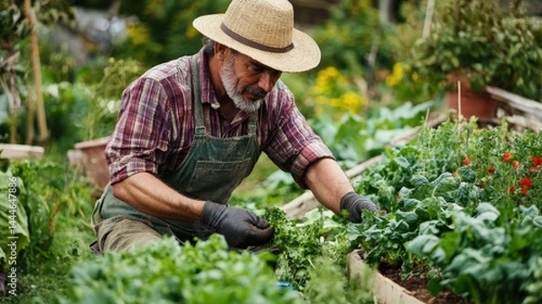 Fototapeta Senior gardener tending to flourishing vegetables in his garden plot