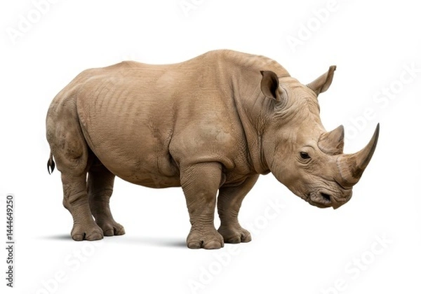 Fototapeta A rhinoceros standing isolated on a white background in a full shot studio photograph image view